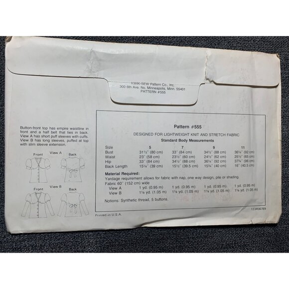 Kwik Sew Misses Blouse Sewing Pattern sz 5-11 555 - uncut - Picture 4 of 10